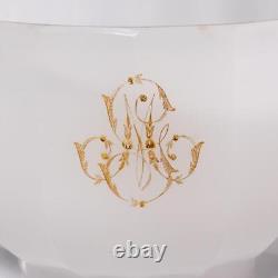 Pair (2) Antique French White Opaline Milk Glass Faceted Bowls with Gilt Monograms