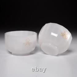 Pair (2) Antique French White Opaline Milk Glass Faceted Bowls with Gilt Monograms