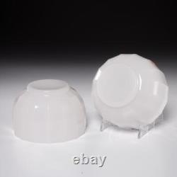 Pair (2) Antique French White Opaline Milk Glass Faceted Bowls with Gilt Monograms