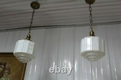 Pair Antique Art Deco Shade Milk Glass Clear Bottom Globe Ceiling Light Fixture