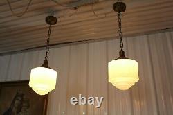Pair Antique Art Deco Shade Milk Glass Clear Bottom Globe Ceiling Light Fixture