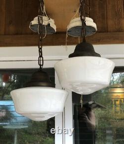Pair Antique Copper And Milk Glass Pendant Schoolhouse Lights Lamps Fixture