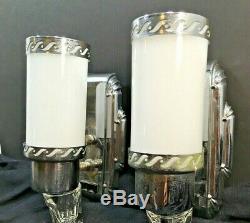 Pair Antique Lights Art Deco Slip Shade Wall Sconce Chrome Milk Glass Bathroom