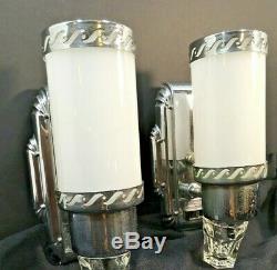 Pair Antique Lights Art Deco Slip Shade Wall Sconce Chrome Milk Glass Bathroom