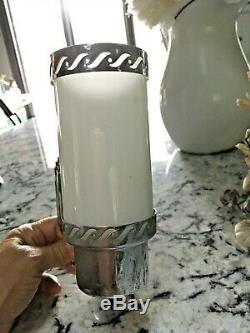 Pair Antique Lights Art Deco Slip Shade Wall Sconce Chrome Milk Glass Bathroom