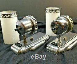 Pair Antique Lights Art Deco Slip Shade Wall Sconce Chrome Milk Glass Bathroom