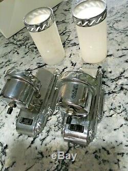 Pair Antique Lights Art Deco Slip Shade Wall Sconce Chrome Milk Glass Bathroom