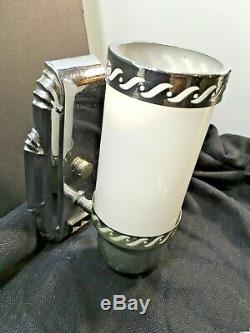 Pair Antique Lights Art Deco Slip Shade Wall Sconce Chrome Milk Glass Bathroom