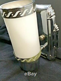 Pair Antique Lights Art Deco Slip Shade Wall Sconce Chrome Milk Glass Bathroom