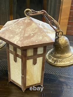 Pair Antique Vintage 1926 Hanging Craftsman/mission Light With Milk Glass Panes