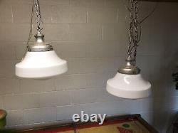 Pair Antique Vtg White Milk Glass Schoolhouse Chandelier Pendant Swag Lights