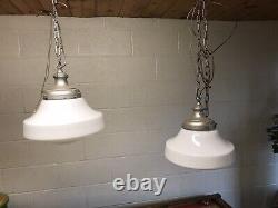 Pair Antique Vtg White Milk Glass Schoolhouse Chandelier Pendant Swag Lights