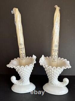 Pair FENTON Hobnail White Milk Glass Cornucopia Vase 6 Candle Holders