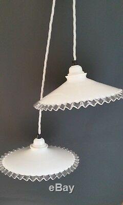 Pair French Antique/Vintage Opaline White Milk Glass Ceiling Pendant Light (30s)