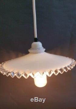 Pair French Antique/Vintage Opaline White Milk Glass Ceiling Pendant Light (30s)