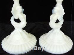 Pair French PORTIEUX SIRENE Opaline Milk Glass Candlesticks Signed Antique c1933