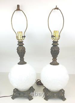 Pair Milk Glass Embossed Roses Globe Table Lamps 25 White Accurate Casting