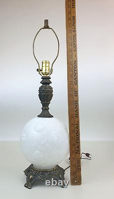 Pair Milk Glass Embossed Roses Globe Table Lamps 25 White Accurate Casting