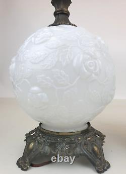 Pair Milk Glass Embossed Roses Globe Table Lamps 25 White Accurate Casting