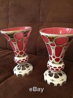 Pair Of BOHEMIAN CZECH CASED MILK GLASS VASE WHITE OVERLAY CUT TO CRANBERRY 10