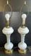 Pair Of Mid Century Opaque White Milk Glass Table Lamps Brass Accent 20