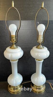 Pair Of Mid Century Opaque White Milk Glass Table Lamps Brass Accent 20
