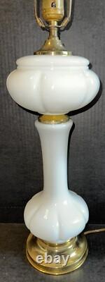 Pair Of Mid Century Opaque White Milk Glass Table Lamps Brass Accent 20