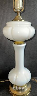 Pair Of Mid Century Opaque White Milk Glass Table Lamps Brass Accent 20