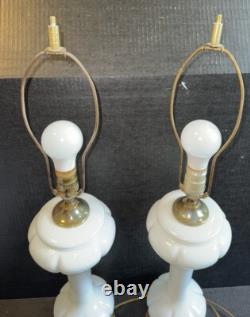 Pair Of Mid Century Opaque White Milk Glass Table Lamps Brass Accent 20