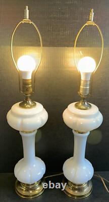 Pair Of Mid Century Opaque White Milk Glass Table Lamps Brass Accent 20