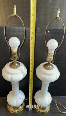 Pair Of Mid Century Opaque White Milk Glass Table Lamps Brass Accent 20