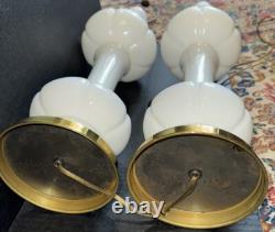 Pair Of Mid Century Opaque White Milk Glass Table Lamps Brass Accent 20