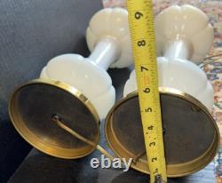 Pair Of Mid Century Opaque White Milk Glass Table Lamps Brass Accent 20
