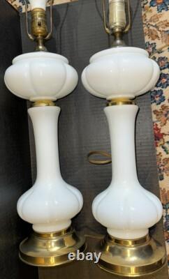 Pair Of Mid Century Opaque White Milk Glass Table Lamps Brass Accent 20