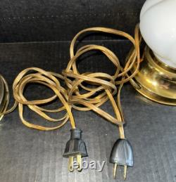 Pair Of Mid Century Opaque White Milk Glass Table Lamps Brass Accent 20