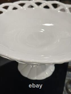 Pair Of Pitman Dreitzer Colony Lace Milk Glass Pedestal Cake Stand & Plate