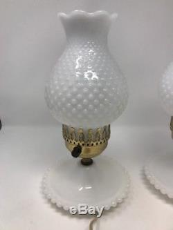 Pair Of VINTAGE White HOBNAIL HURRICANE LAMPs MILK GLASS BEAUTIFUL- 11.5 In