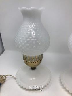 Pair Of VINTAGE White HOBNAIL HURRICANE LAMPs MILK GLASS BEAUTIFUL- 11.5 In