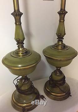 Pair Of Vintage Art Deco Lamps Green Enamel Brass White Milk Glass Shade 1920s