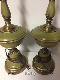 Pair Of Vintage Art Deco Lamps Green Enamel Brass White Milk Glass Shade 1920s