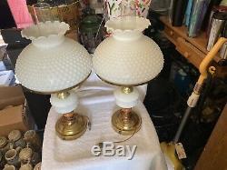 Pair Of Vintage Electric Hurricane Lamp HOBNAIL Fenton WHITE MILK GLASS 20