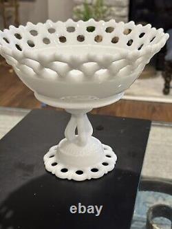 Pair Of Westmoreland White Milk Glass Doric Lace Pedestal Compote Cake Plate