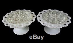 Pair Open Lace Milk Glass Rose Bowls with Clear Frogs U. S. Mid 20th Century
