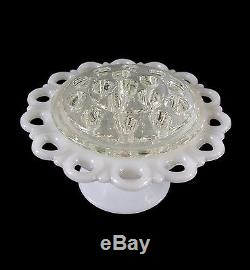 Pair Open Lace Milk Glass Rose Bowls with Clear Frogs U. S. Mid 20th Century