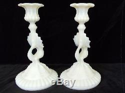 Pair PORTIEUX French Milk Glass SIRENE Candleholders, Rare Antique Form, c. 1933