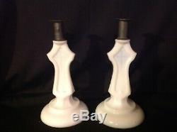 Pair Ripley patented white milk glass crucifix pattern glass candle sticks rare