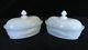 Pair Salmon Rare Antique Milk Glass Covered Dishes In White Early 20thc Flaccus
