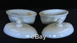 Pair SALMON Rare Antique Milk Glass Covered Dishes in White Early 20thC Flaccus