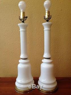 Pair Tall White Opaline MILK GLASS Table Lamps with Brass Spacers Regency MCM