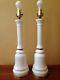 Pair Tall White Opaline Milk Glass Table Lamps With Brass Spacers Regency Mcm